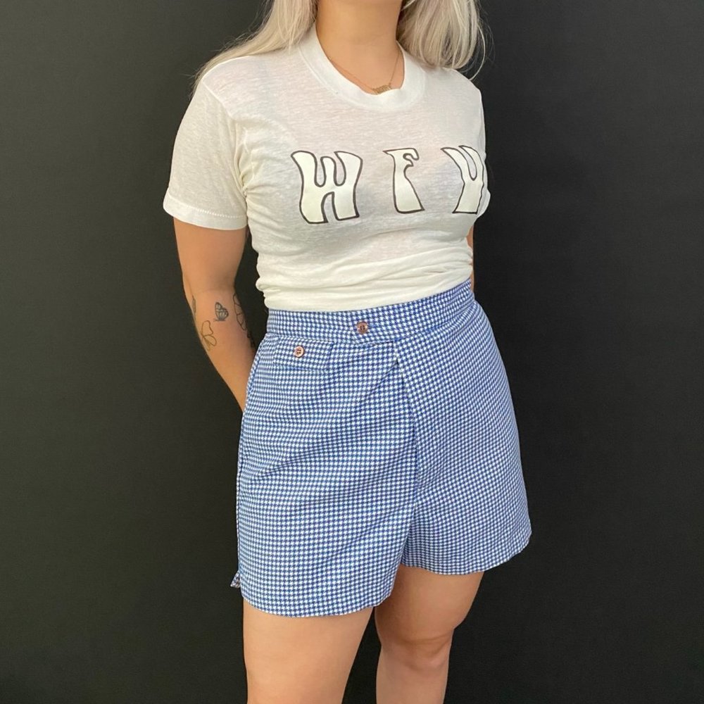 60s Navy Blue And White Houndstooth Shorts